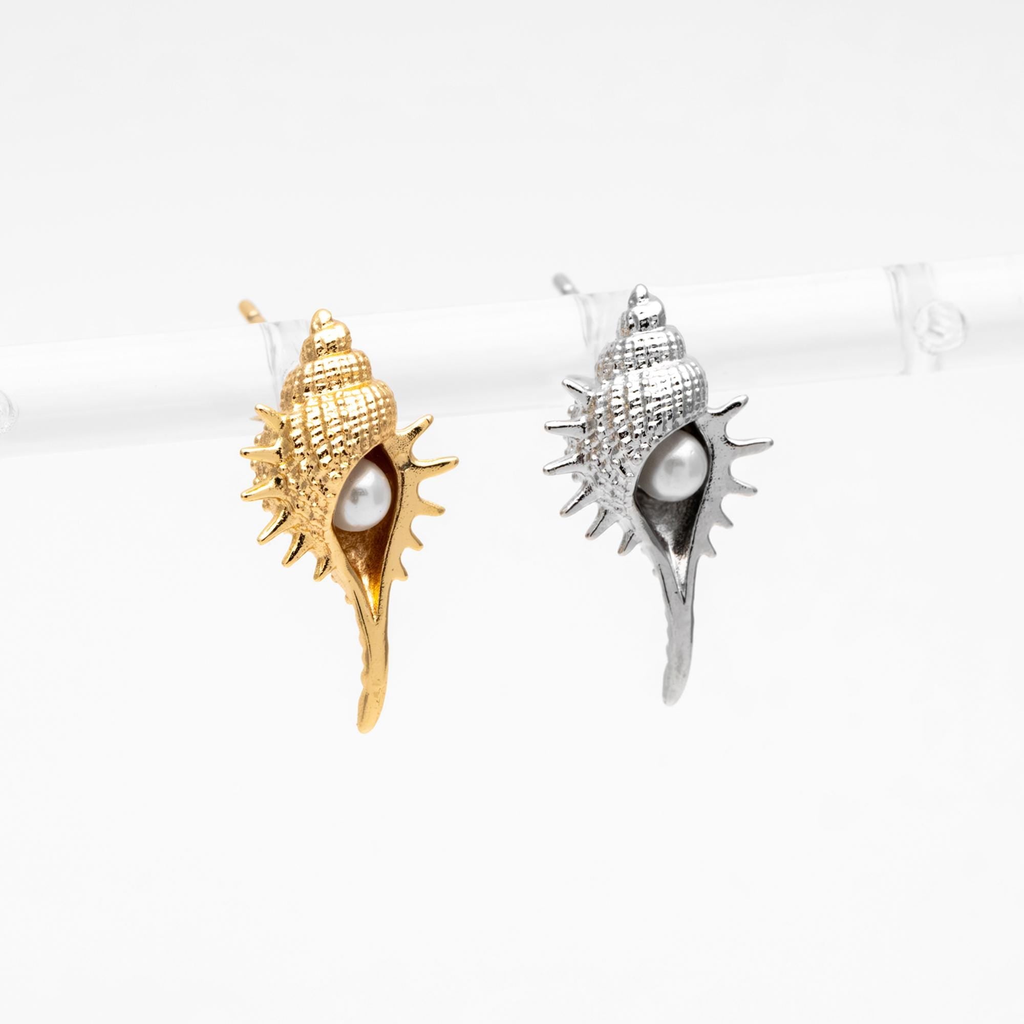 4pcs Faux Pearl Pave Gold/ Silver Tone Shell Earrings, Gold/ Rhodium plated Brass Seashell Stud Earrings (GB-4652)